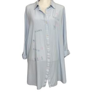 J+G Jasmine & Ginger Baby Blue Striped Button Up Embroidered Words Tunic Size XL
